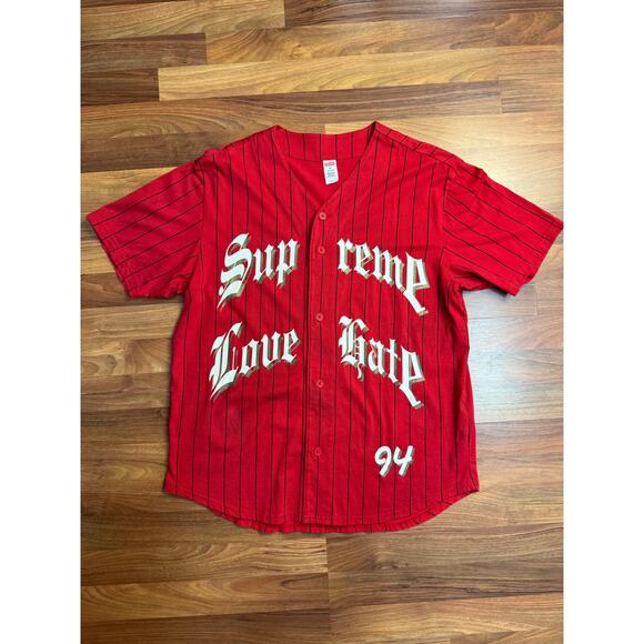 Supreme “Love Hate” Baseball Jersey - Red Pinstripe (SS15, Size M) - Picture 1 of 6